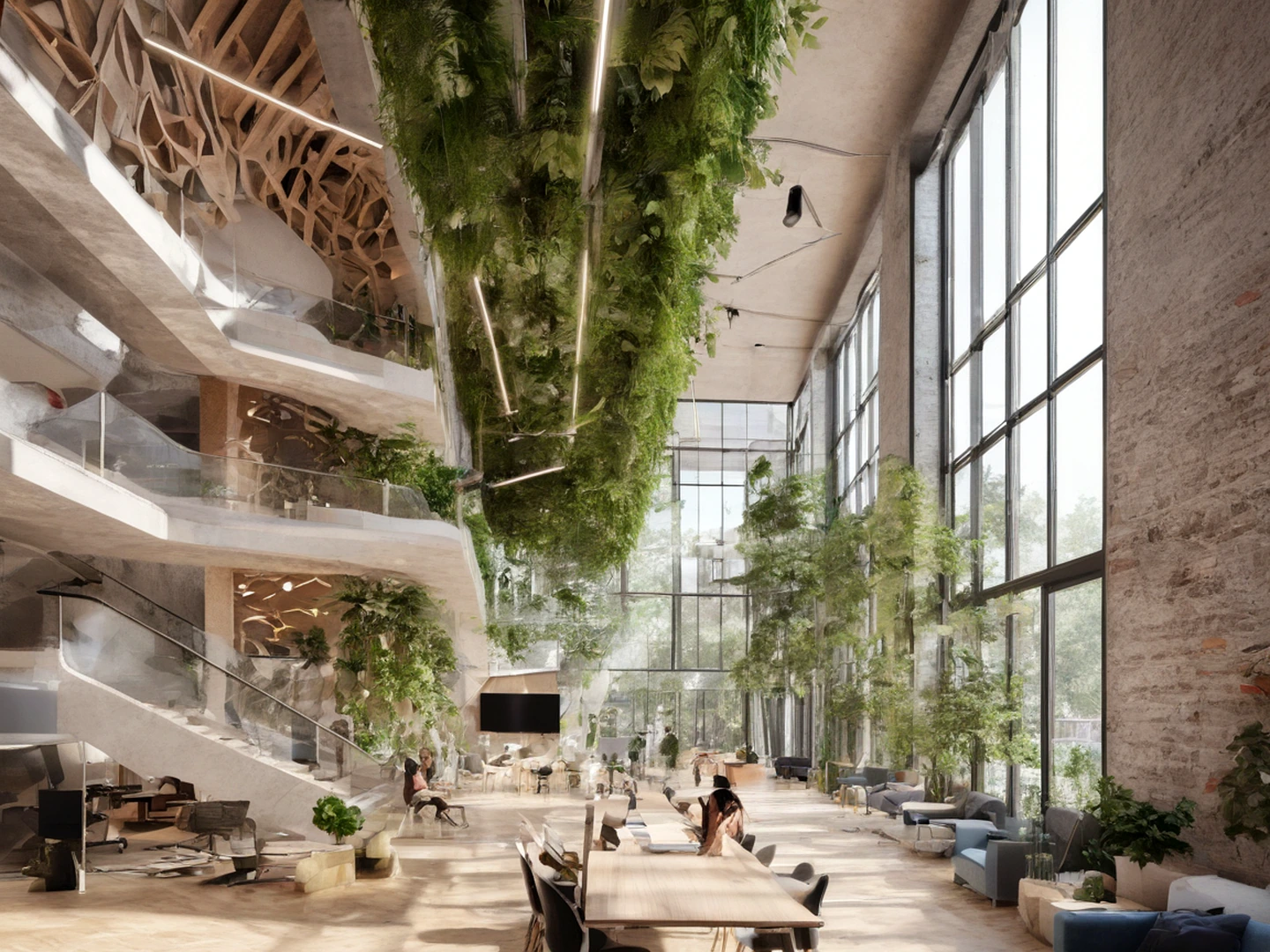 Large botanical atrium with layered walkways, interior trees, daylight roof structure, and public-scale circulation