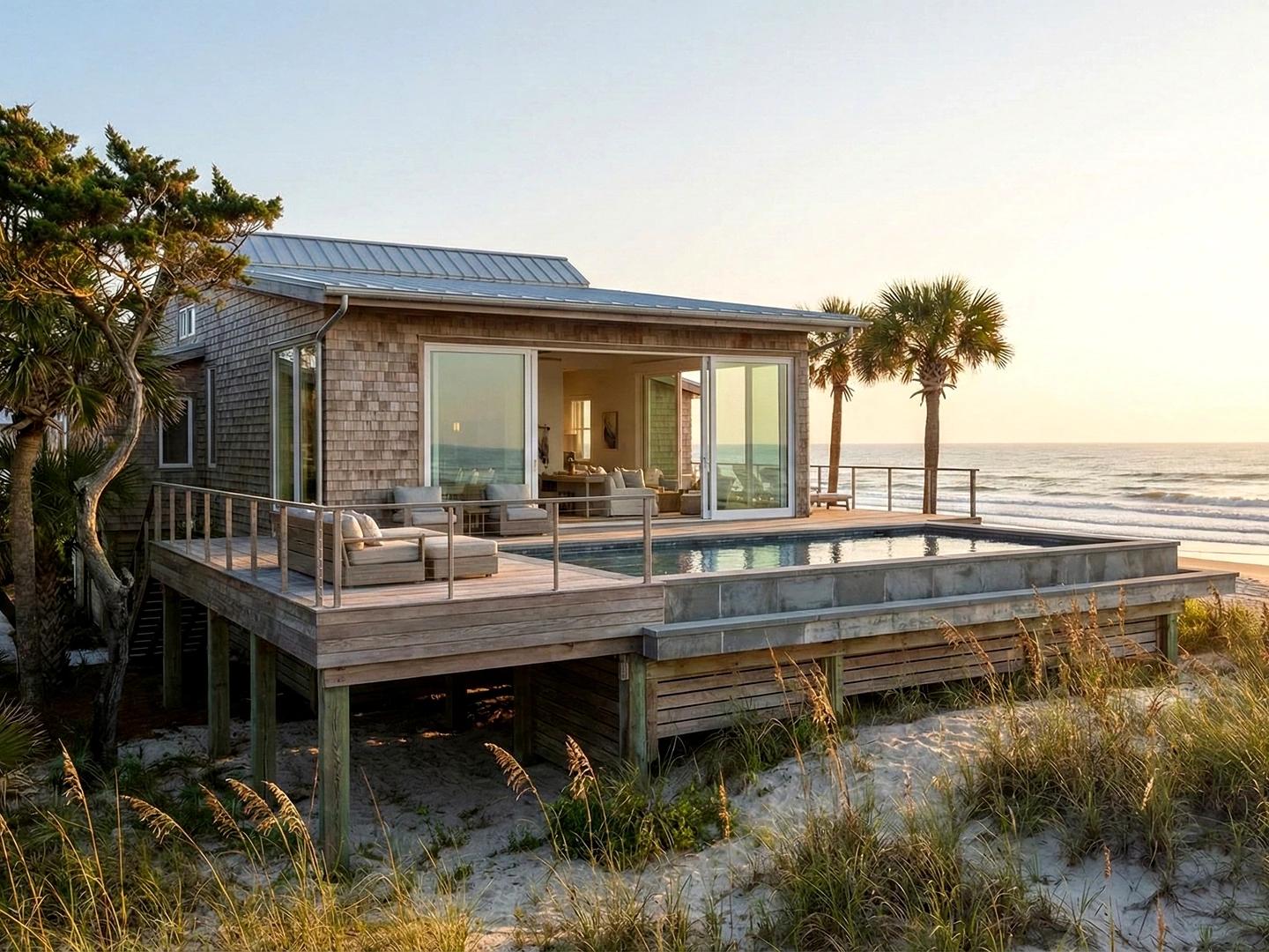 Elevated coastal deck house with dunes, timber cladding, broad glazing, and refined resort landscape detailing