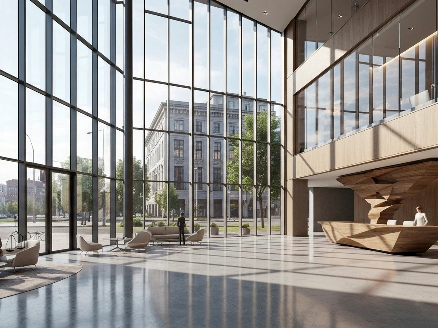 Generous glass atrium lobby with planted terraces, civic scale, clean detailing, and natural daylight