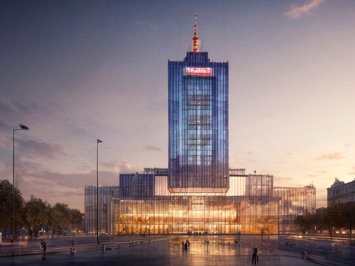 Historic civic hall reconstruction with precise glass insertion, dusk lighting, and competition-quality composition