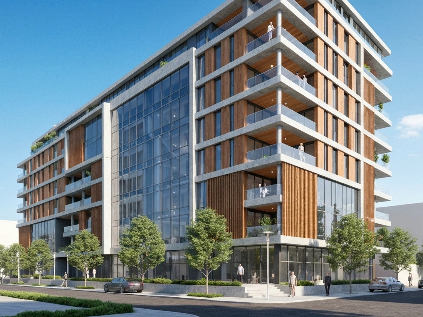 Mid-rise mixed-use facade study with balconies, timber panels, deep shadows, and clean construction detailing
