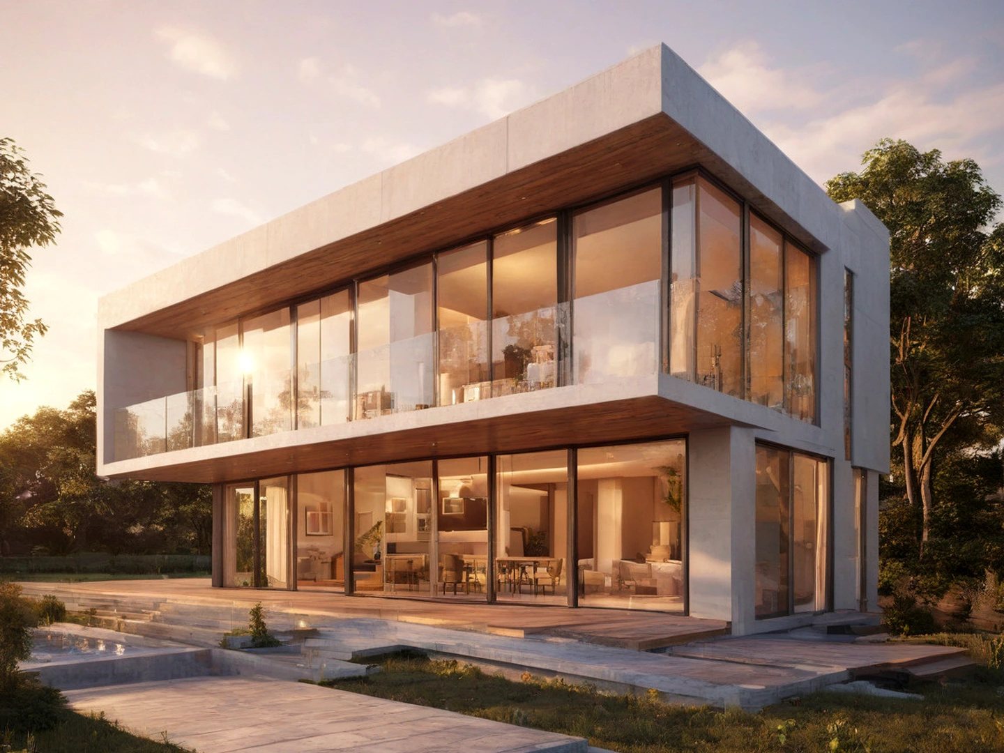 Modern minimalist house with floor-to-ceiling glazing, sharp concrete planes, and golden-hour exterior lighting