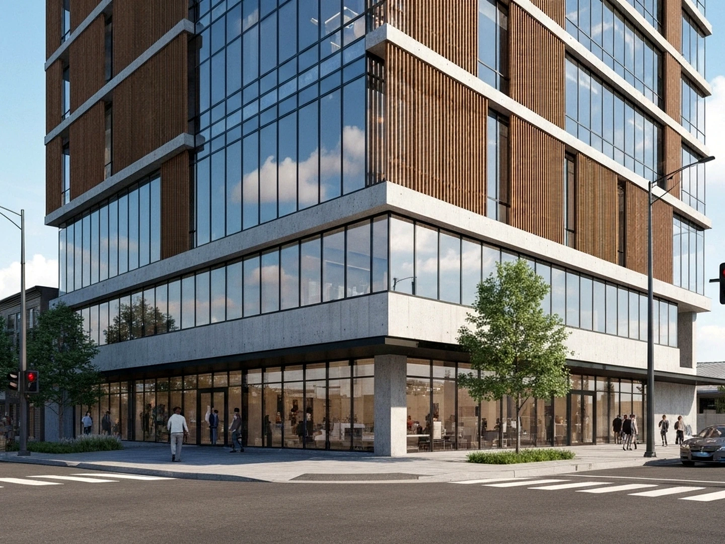 Mixed-use urban podium tower with glass, timber accents, active street edge, and Revit-style facade precision